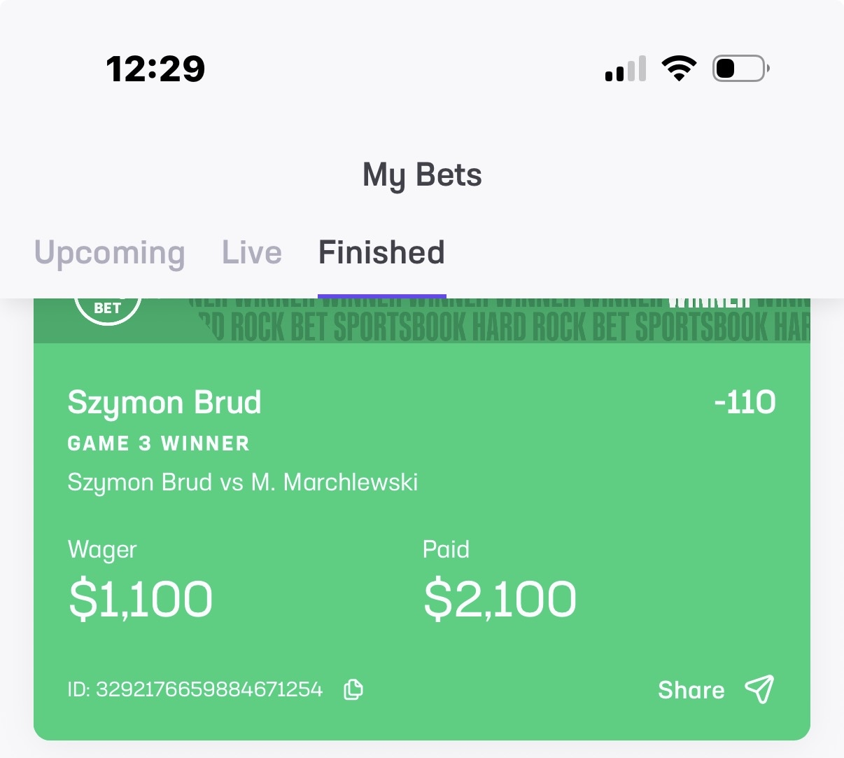 Hard Rock winning slip posted by Tai, $1,100 wager paid $2,100 on table tennis